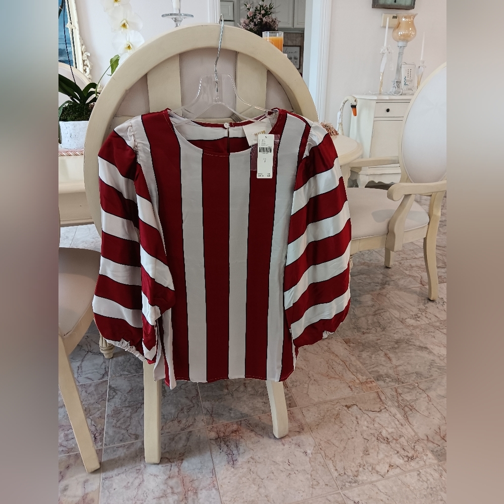 New Designer Maeve Size 2 Red & White Long Sleeve Shirt